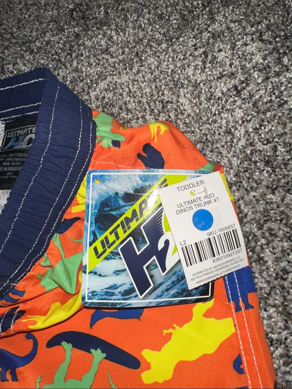 Bright Orange Dino Swim Trunks for Kids with Navy Waistband